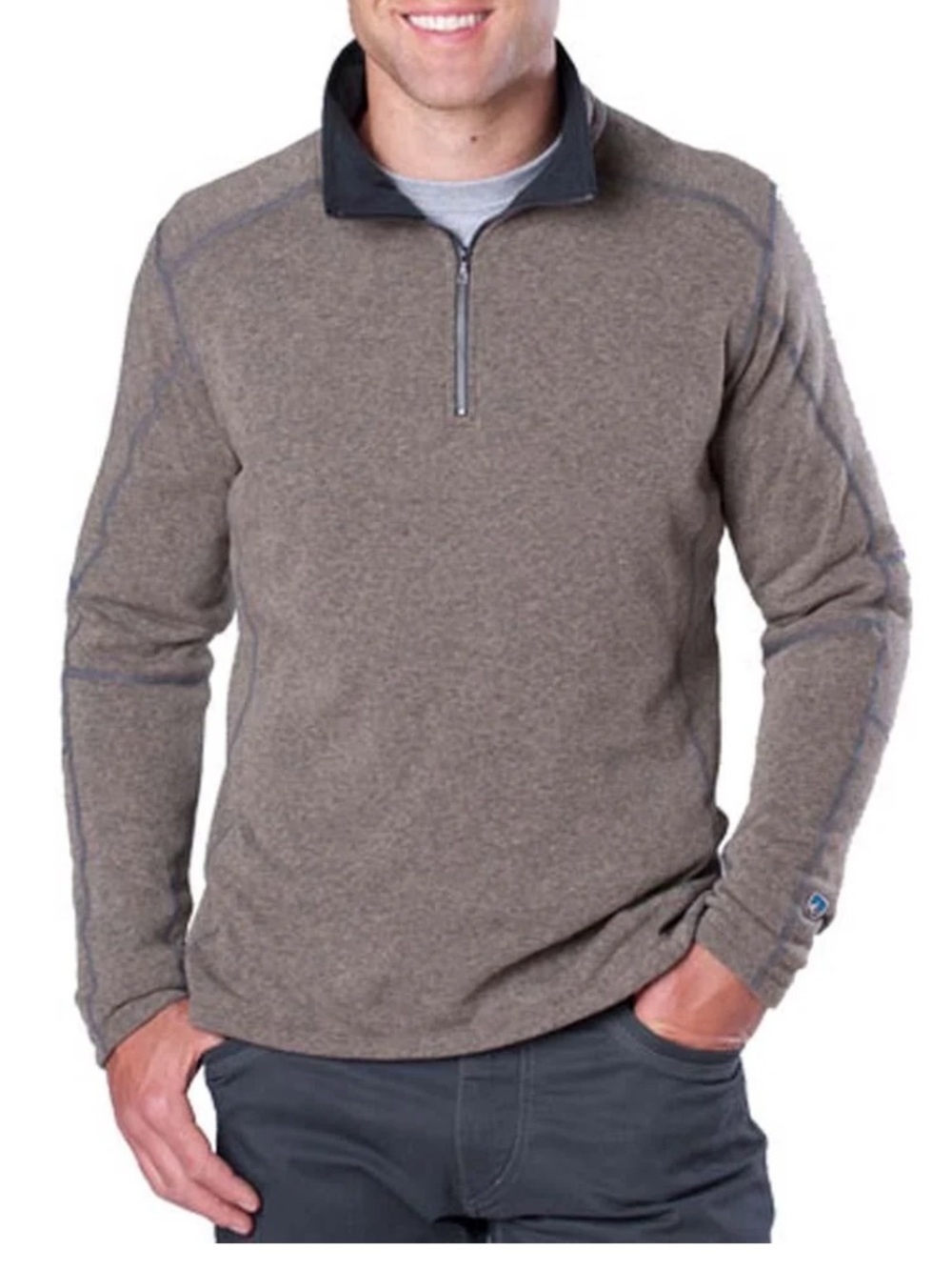 Kuhl Men's Quarter-Zip Sweater in Taupe with Dark Contrast Collar